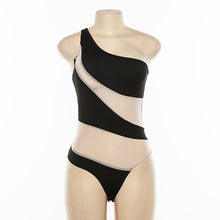 Load image into Gallery viewer, Shestyle One Shoulder Striped Nude Bodysuits Women Bodycon Irregular Neck Beach Body Vacation Beachwear Mesh Yarn Patchwork Body