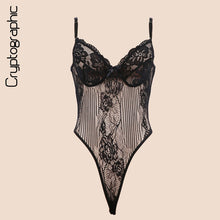 Load image into Gallery viewer, Cryptographic Black bow lace bodysuit women backless transparent sexy body jumpsuit rompers 2025 catsuit bodysuits slim overalls