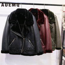 Load image into Gallery viewer, AOEMQ Retro New Lapel and Velvet Padded Fur One Coat Warm Fashion PU Leather Lamb Hair Motorcycle Clothing Bomber Jacket