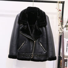 Load image into Gallery viewer, AOEMQ Retro New Lapel and Velvet Padded Fur One Coat Warm Fashion PU Leather Lamb Hair Motorcycle Clothing Bomber Jacket
