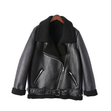Load image into Gallery viewer, AOEMQ Retro New Lapel and Velvet Padded Fur One Coat Warm Fashion PU Leather Lamb Hair Motorcycle Clothing Bomber Jacket