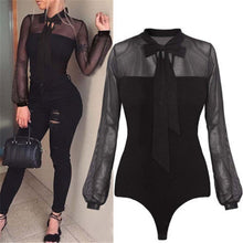 Load image into Gallery viewer, New 2025 Summer Bodysuit Women Sexy Bow Black Mock Neck Patchwork Long Sleeve Back Ladies Lace Mesh Bodysuit Transparent Tops