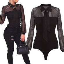 Load image into Gallery viewer, New 2025 Summer Bodysuit Women Sexy Bow Black Mock Neck Patchwork Long Sleeve Back Ladies Lace Mesh Bodysuit Transparent Tops