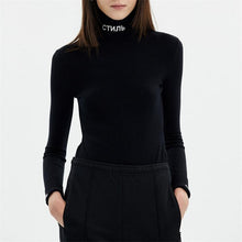 Load image into Gallery viewer, InstaHot Cotton Turtleneck Letter Print Bodysuits Women Autumn Sexy Long Sleeve Playsuits Black Bodycon Tops Female Solid Style