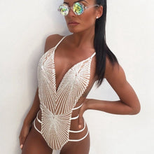 Load image into Gallery viewer, New 2025 Women Sequnis Strappy Backless Bodysuit Sleeveless Summer Beach Hot Bodysuits Navy Cross Slim Cami Bodysuit