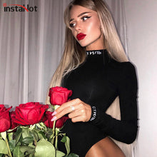 Load image into Gallery viewer, InstaHot Cotton Turtleneck Letter Print Bodysuits Women Autumn Sexy Long Sleeve Playsuits Black Bodycon Tops Female Solid Style