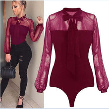 Load image into Gallery viewer, New 2025 Summer Bodysuit Women Sexy Bow Black Mock Neck Patchwork Long Sleeve Back Ladies Lace Mesh Bodysuit Transparent Tops